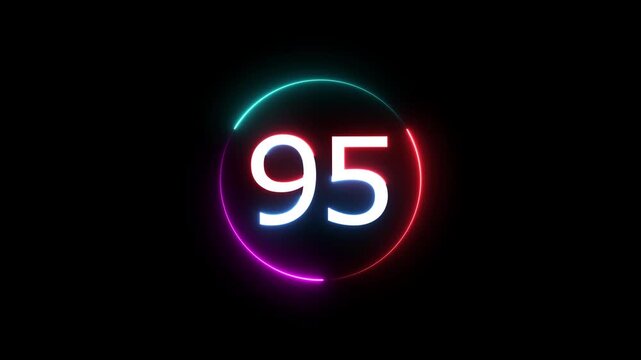 A dynamic circular animation, and glowing count neon number 95 animation . on a black background. and creating a stunning video.4k video