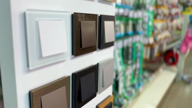 Close-up colorful electrical switches on display showcasing sample board with multiple finishes and colors glossy black, matte
