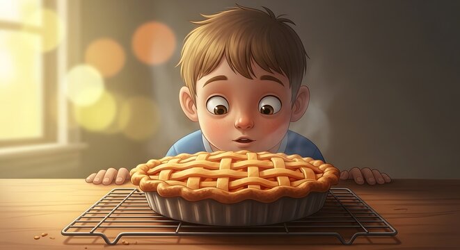 Adorable Little Boy Staring Hungrily at Freshly Baked Lattice Apple Pie on Cooling Rack