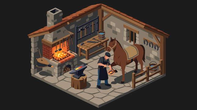 a man shoeing a horse in a workshop.
