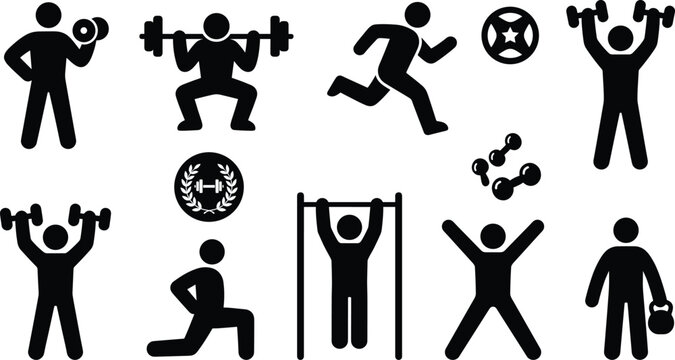 Fitness and workout icon set featuring gym weightlifting stick figures for athletic bodybuilding training and corporate wellness marketing