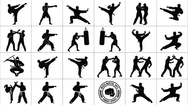 Martial Arts Combat Sports Silhouette Vector Set Fighter Action Poses for Karate MMA and Self Defense Branding