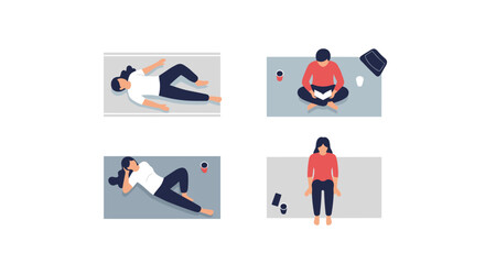 Fototapeta premium Four stylized people in different relaxing poses, top-down view, casual outfits, simple flat design, perfect for lifestyle concepts or