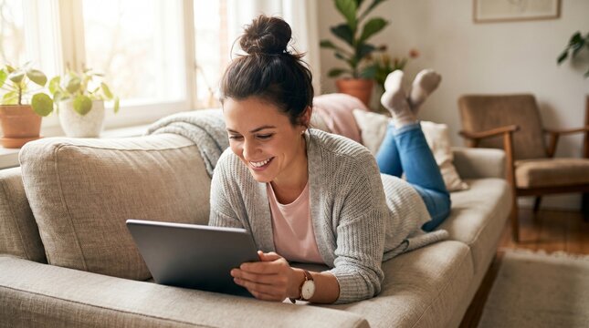 Happy young woman relaxing on couch, smiling while using digital tablet for entertainment at home