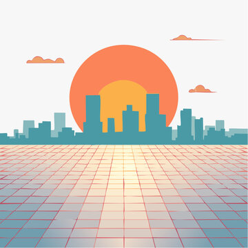 Retro wave city skyline with grid floor and sun