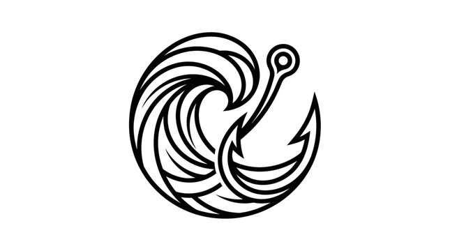 Fishing Hook and Wave Logo Icon - Vector Graphic