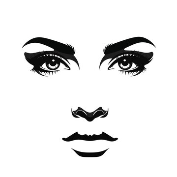 Minimalist black and white vector silhouette of a woman's facial features including expressive eyes with long lashes, thick eyebrows, nose, and lips on a white background.