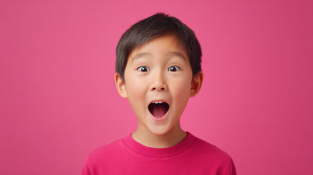 Happy surprised young asian boy with open mouth on pink background