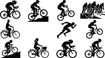 Obraz premium Cyclist Bicycle Rider Silhouette Set Road Mountain Bike Racing Triathlon Sport Activity Collection Isolated on White Background