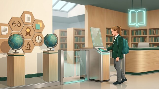 Student girl using biometric scanner at smart school turnstile