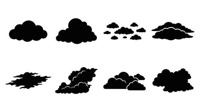Collection of various black cloud shapes.