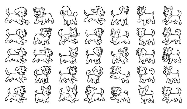 Cheerful Cartoon Dog Coloring Book Vector Set with Cute Running Puppy Characters