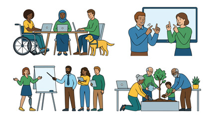 Fototapeta premium Remote work and inclusive collaboration with diverse team using laptops and sign language communication