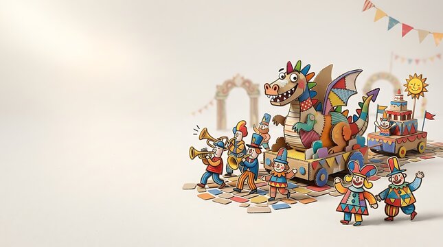 Colorful cardboard carnival parade with dragon float and musicians