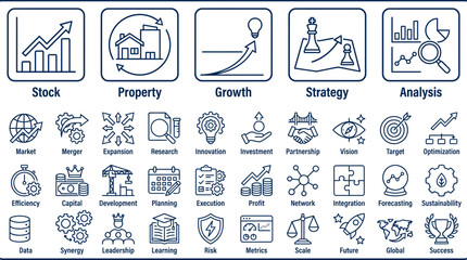 Naklejka premium Line icons for business and finance market trends, strategic planning, growth, and corporate analysis concepts