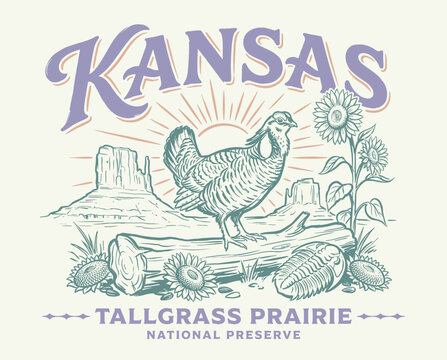 Welcome to the Kansas Tallgrass Prairie. Retro badge design for t shirt and apparel. Prairie chicken bird with sunflowers and mesas. Vintage woodcut style illustration with typography.
