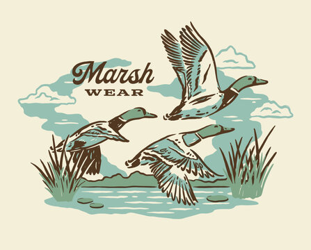 Marsh wear for the wild soul. Apparel graphic design for t shirt. Flying mallard ducks over a swamp with reeds. Retro hand drawn screen print illustration.