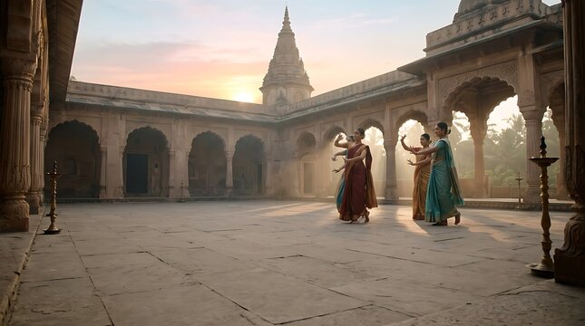 Indian classical dancers performing in an ancient temple courtyard