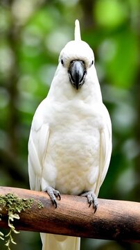 A captivating collection of umbrella cockatoos perched on branches, highlighting their elegant white feathers and striking crests against a lush green background.