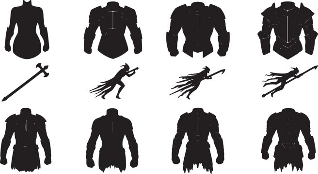 Silhouette collection featuring fantasy medieval armor suits, plate chest pieces, and warrior characters in dynamic action poses with swords and capes, isolated on a white background.