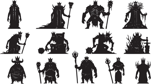 Silhouette set of dark fantasy undead kings and skeletal monarchs featuring crowns, scepters, maces, and spiked armor isolated on a white background for vector graphic design.