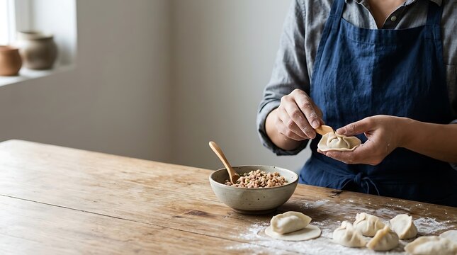 Person making homemade dumplings at a wooden table