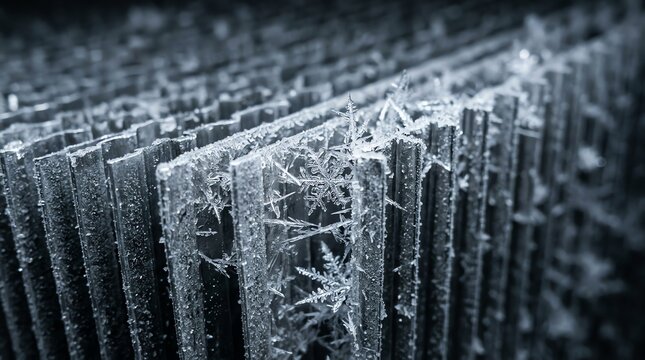 Close-up of frost-covered glass with intricate ice crystal patterns.