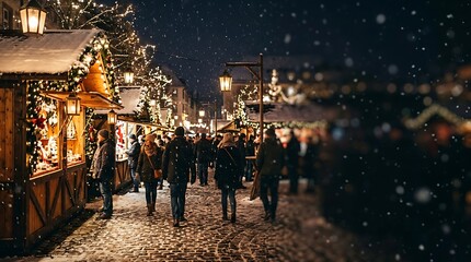 Obraz premium Festive christmas market with wooden stalls and falling snow at night