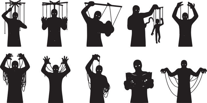 Collection of black silhouette illustrations featuring hooded figures with glowing eyes manipulating marionette strings and puppets, depicting themes of control and manipulation.