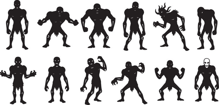 Collection of twelve distinct humanoid monster silhouettes, featuring ghouls, zombies, and trolls in various aggressive poses with white anatomical details isolated on a white background.