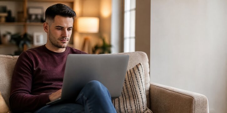 Generative AI, Relaxed young man smiling while using a laptop on a comfortable living room couch