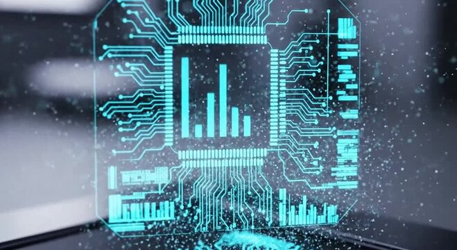 Holographic microchip with data visualization glowing above a dark reflective surface representing advanced technology and artificial intelligence