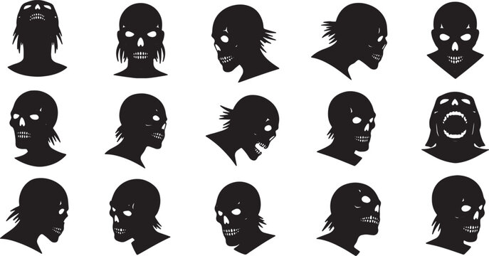 Collection of fifteen black silhouette illustrations of undead zombie and ghoul heads shown from various angles, featuring skeletal facial details, sunken eyes, and jagged teeth.