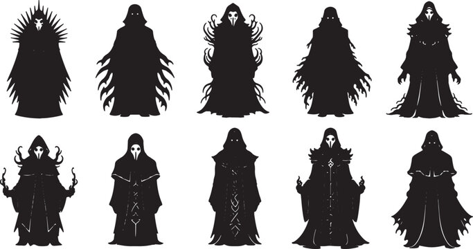 Collection of ten dark fantasy character silhouettes featuring hooded reapers, eldritch necromancers, and plague doctor figures with gothic robes isolated on a white background.