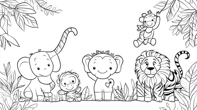 Cute cartoon animals including a lion, monkey, and elephant with surrounding foliage