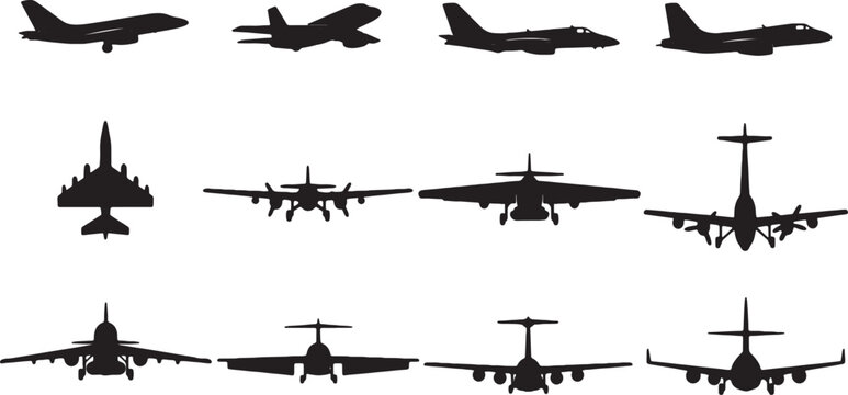 Collection of various airplane silhouettes featuring commercial jets, military fighter planes, and cargo transport aircraft in side profile and front views isolated on white background.