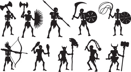 Fototapeta premium Black silhouette collection of undead skeleton warrior characters equipped with medieval fantasy weapons including axes, shields, spears, scythes, bows, flails, and hammers on white.