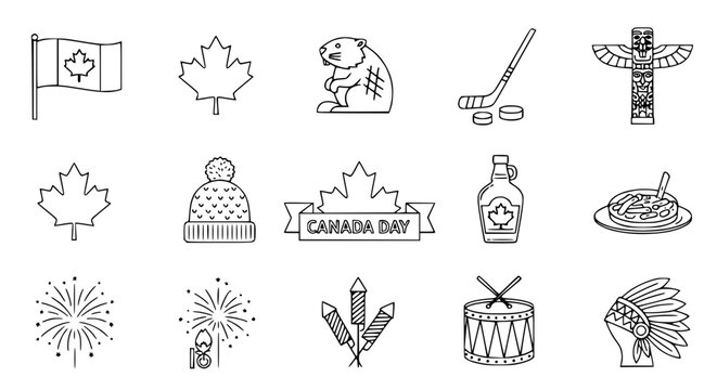 Canada Icons: Maple Leaf, Flag, Beaver, Hockey, Totem Pole, Cap, Fireworks