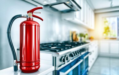 Obraz premium Bright Red Fire Extinguisher Mounted Beside Modern Kitchen Stove with Natural Light Streaming In