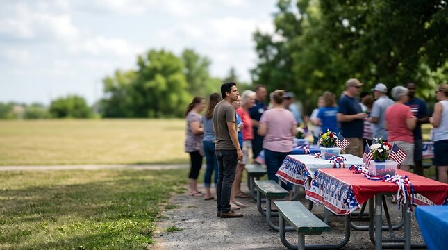 People gathering at a patriotic outdoor picnic celebration in a park