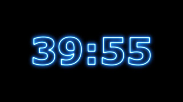 Neon 40 minute Countdown timer. Digital neon countdown timer displays time passing on black background.