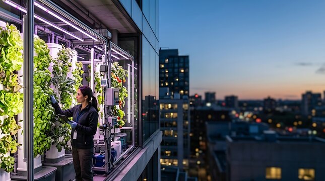 Scientist inspecting crops in a modern urban vertical farm