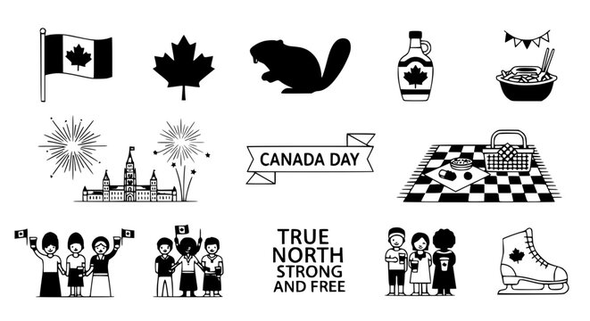 Canada Day Icons: Maple Leaf, Flag, Beaver, Fireworks, Parliament, Picnic, People