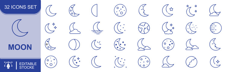 Set of 32 moon icons Each icon will be different, create a vector outline icons using white background and black color © Shirin