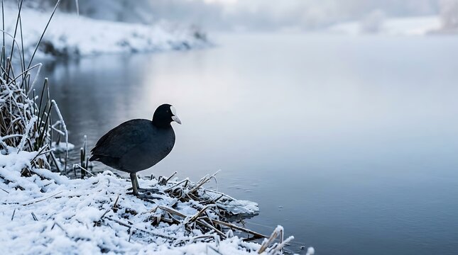 Black coot bird standing on a snowy bank by a misty winter lake