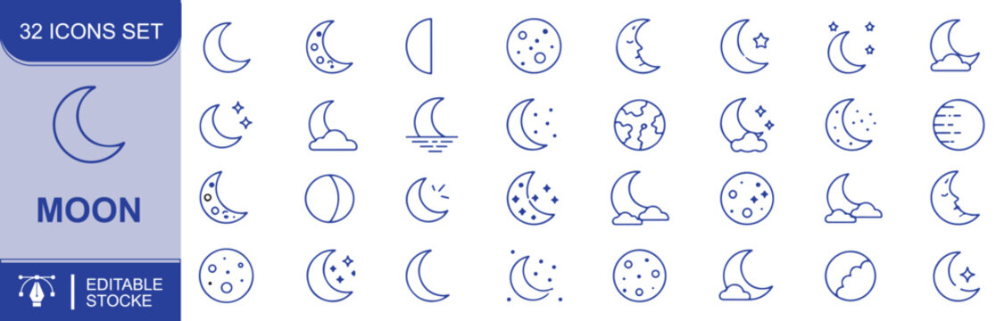 Set of 32 moon icons Each icon will be different, create a vector outline icons using white background and black color