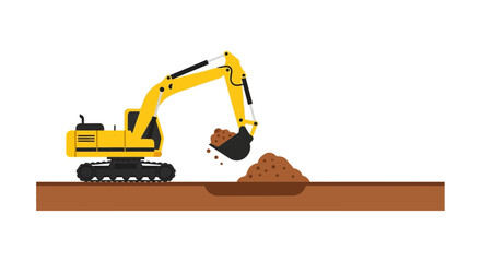 Yellow excavator digging earth, construction site, heavy machinery © penyok