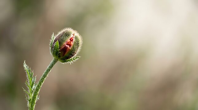 Single red poppy bud opening in natural sunlight