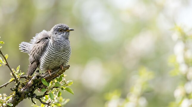 Common cuckoo perched on a blooming branch in spring