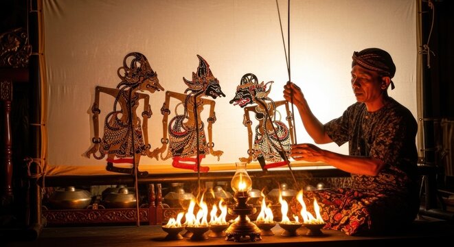 Traditional Shadow Puppet Performance at Night.